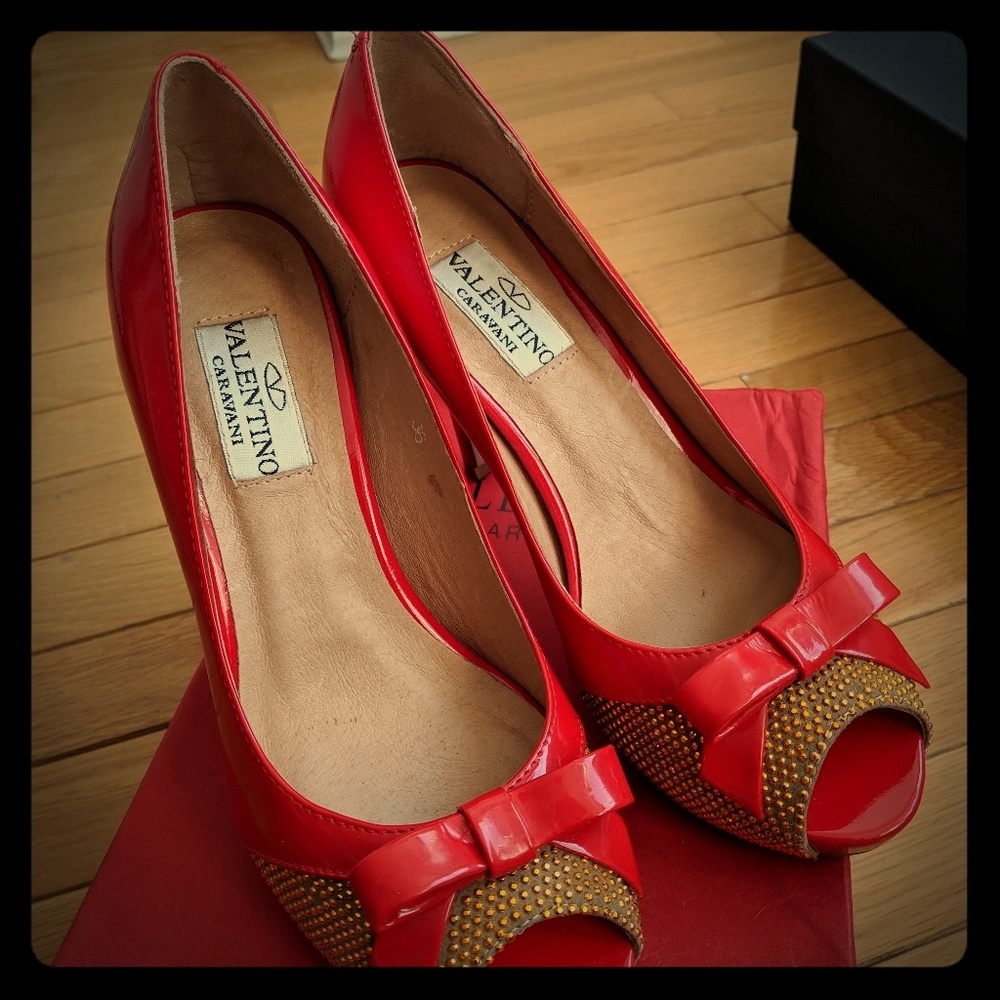 Valentino Garavani Red Peep-Toe Bow Pumps